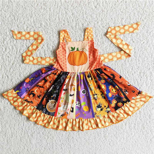 girl pumpkin print twirl dress with sleeveless kid dot frock