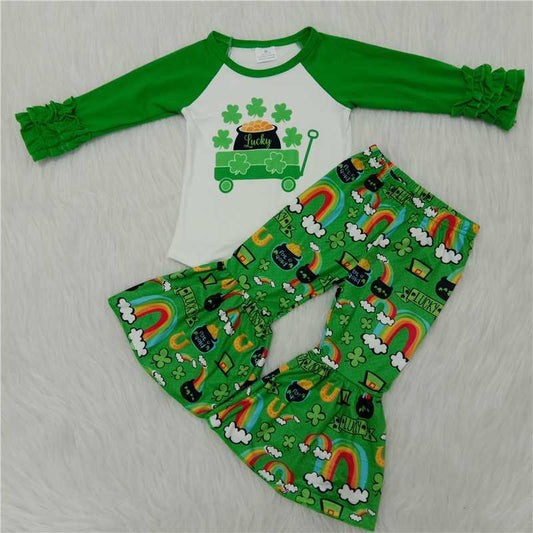 toddler girls icing ruffle long sleeve shirt match green pants suit kids St Partrick outfit
