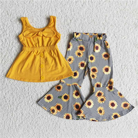 C16-4 Girls Yellow Strap Top Sunflower Stripe Flared Pants Set