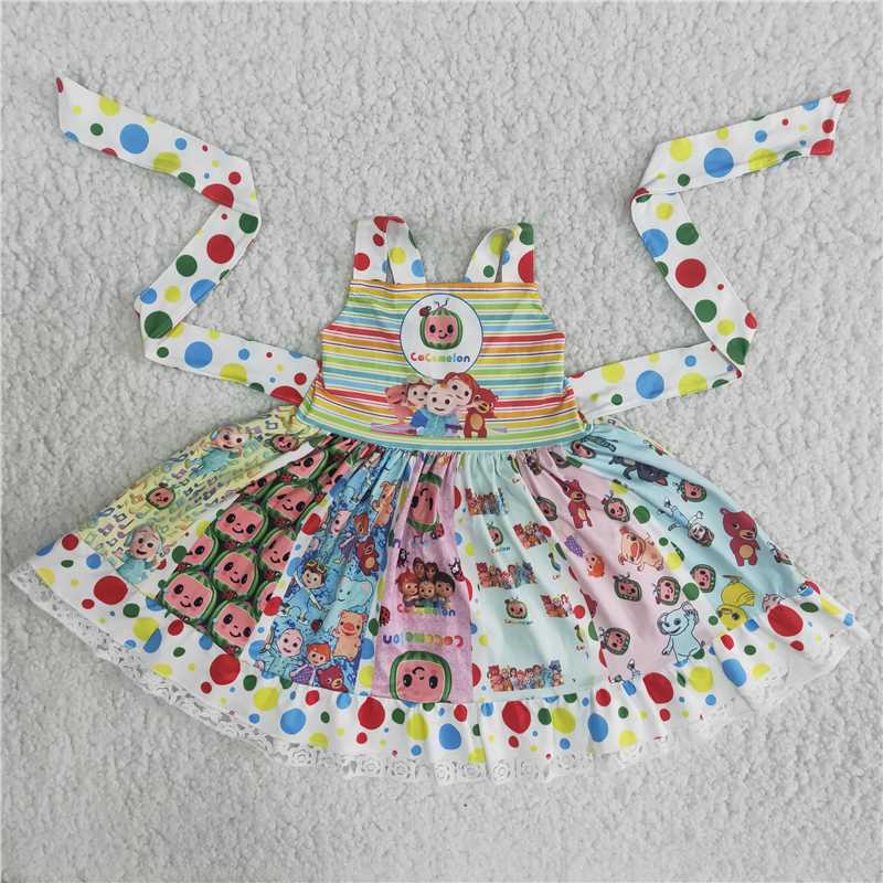 hot sale girl sleeveless twirl dress baby colorful dot belt frock for summer