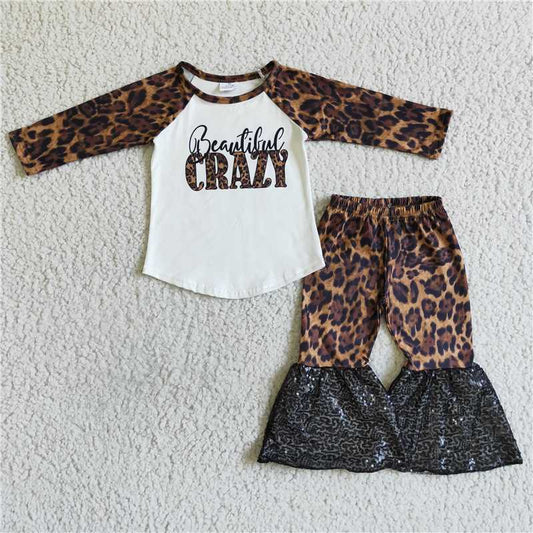 B2-14 Alphabet-print leopard-print long-sleeved sequined flared trouser suit