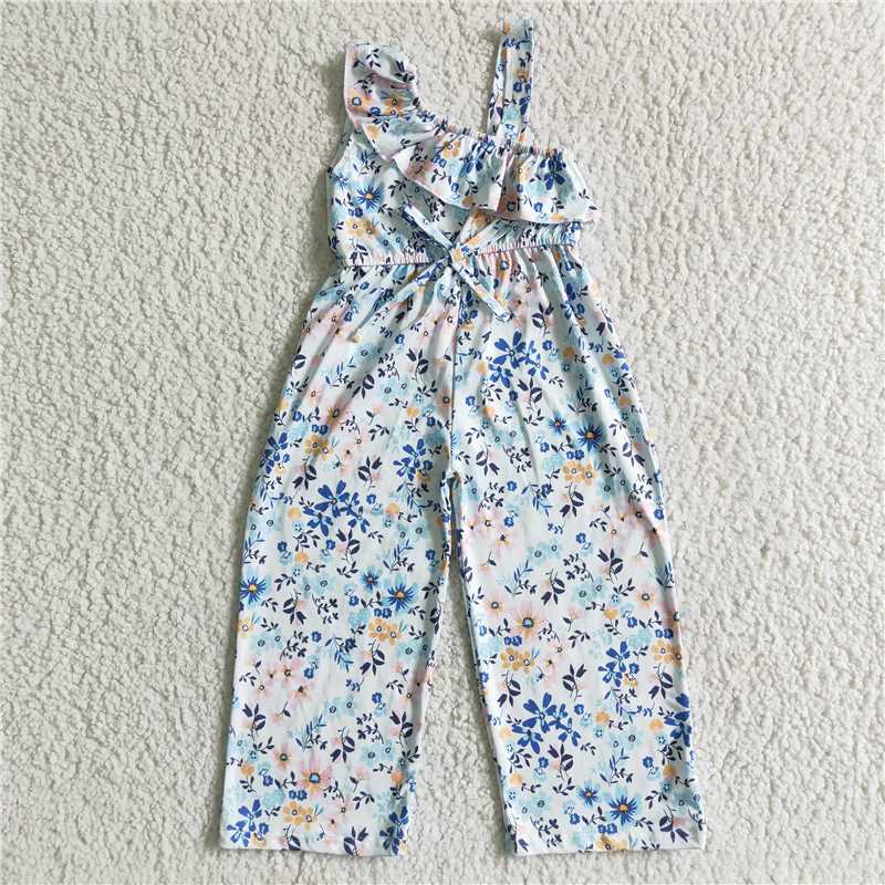 fashion girl sloping shoulders overalls kids new style summer jumpsuit with flowers