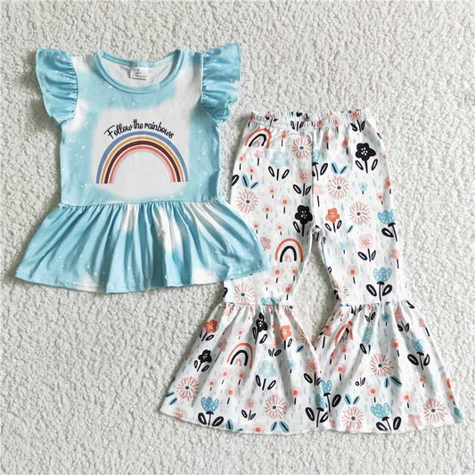 girl blue tie-dye tunic with rainbow match flowers bell pants 2pieces set kids short sleeve outfit