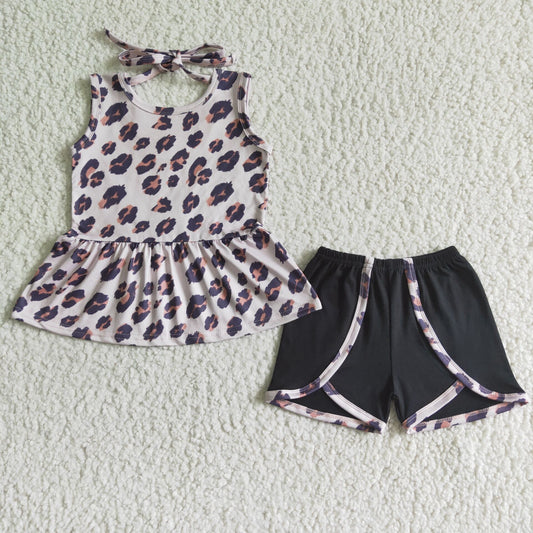 GSSO0052 Girls Sleeveless Leopard Black Shorts Set