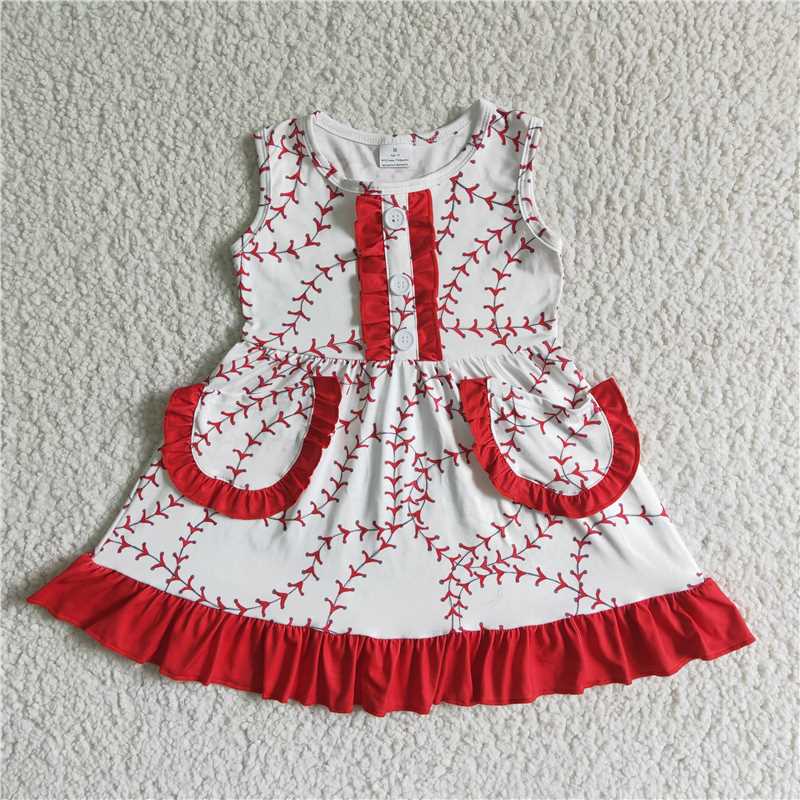 GSD0029 White Sleeveless Baseball Print Red Lace Pocket Button Skirt