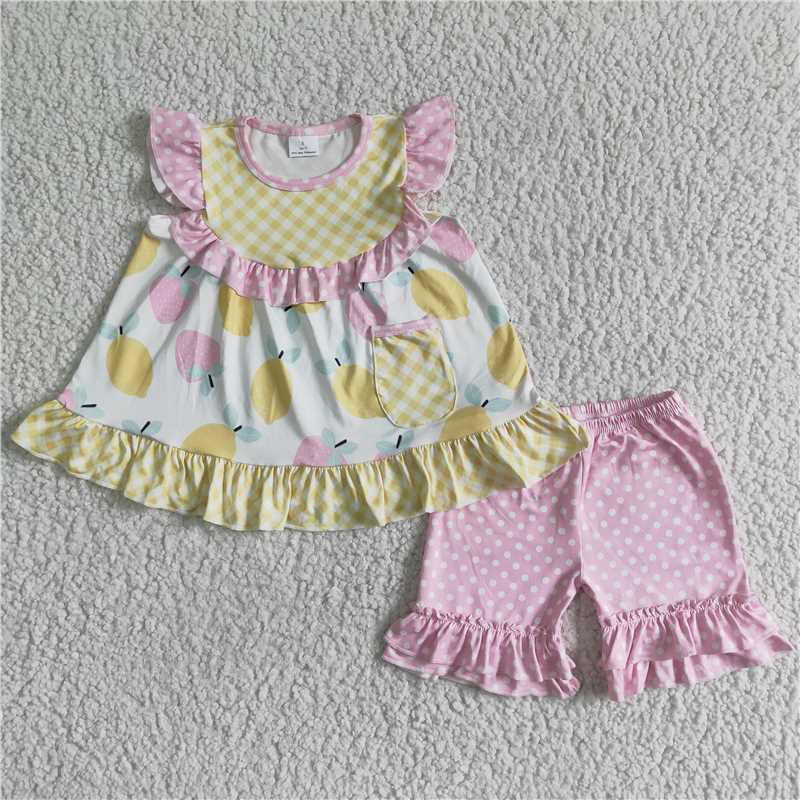 GSSO0073 Girls Yellow Lemon Strawberry Flying Sleeve Top Pink Lace Shorts Set