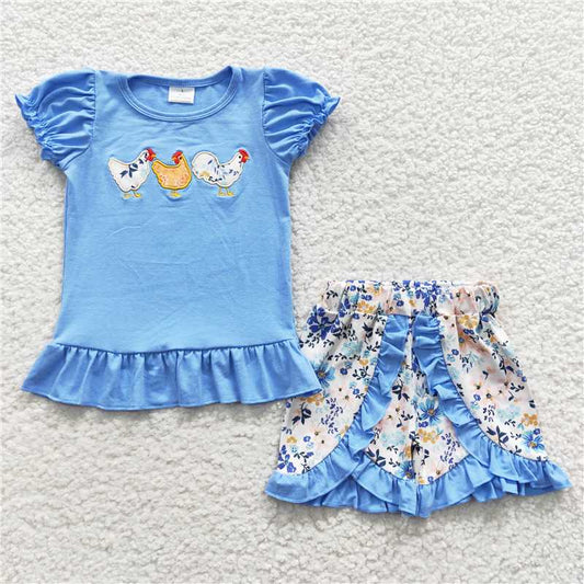 GSSO0211 Girls Embroidered Flower Rooster Blue Short Sleeve Shorts Set