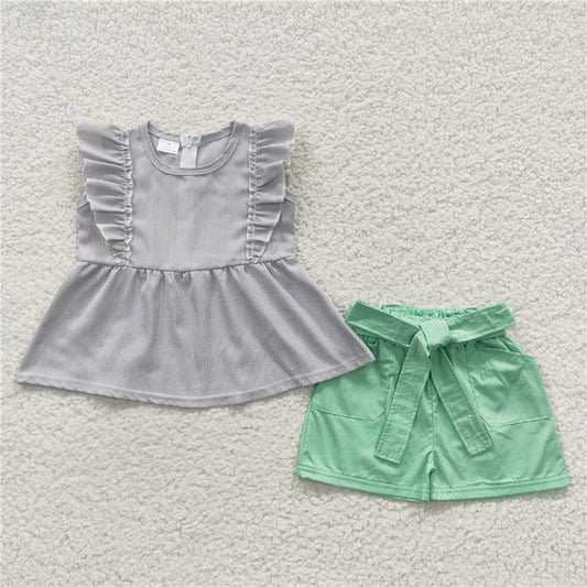 A9-22 Summer Girls Woven Stripe Sleeveless Top Green Belt Shorts