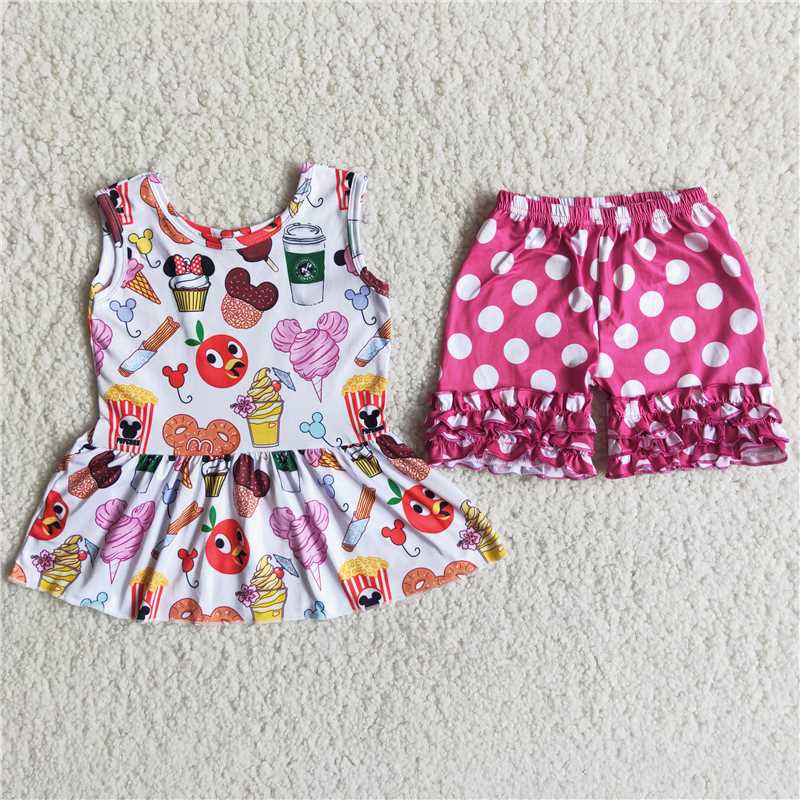 C7-11 Sweet and cute cartoon sleeveless top polka dot lace shorts