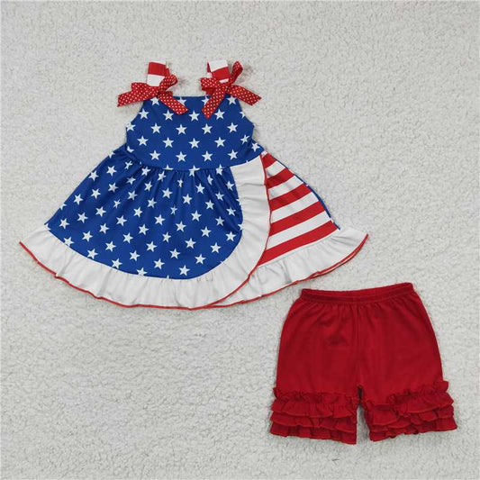 D7-1  National Day Shoulder Strap Star Skirt Shorts Set