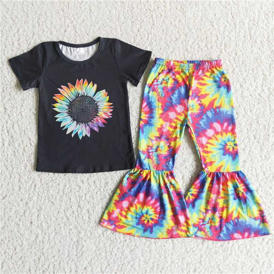 A6-24 Sunflower Black Short Sleeve Colorful Flared Pants