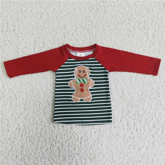 6 A24-15 boy christmas gingerbread embroidery red long sleeve stripe raglan shirt