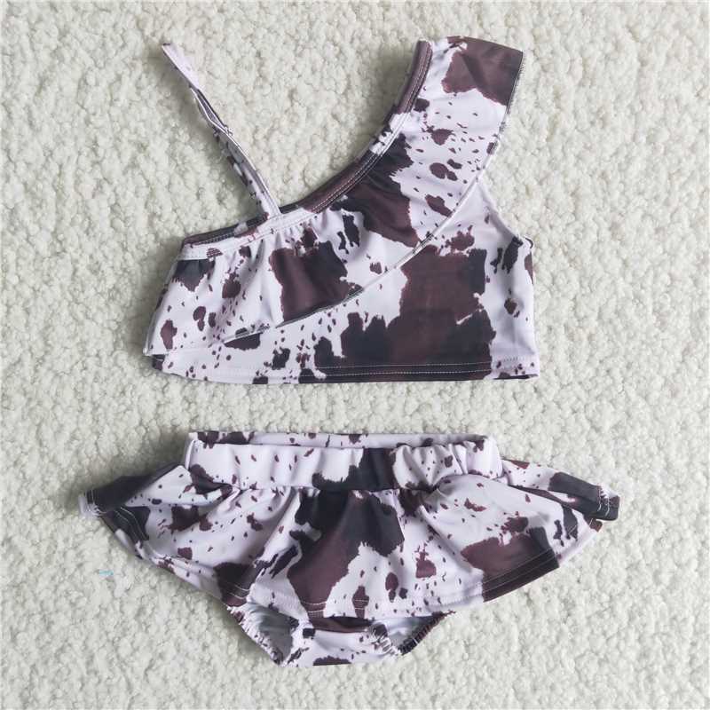 girl cow print sloping shoulder top and shorts swimsuit