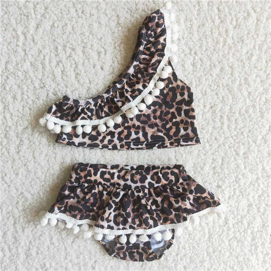 C2-12 girl leopard sloping shoulder top and shorts swimsuit