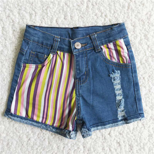 summer girl stripes stitching denim shorts