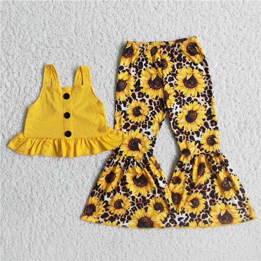 C8-22  Yellow Button Top Sunflower Flared Pants Set