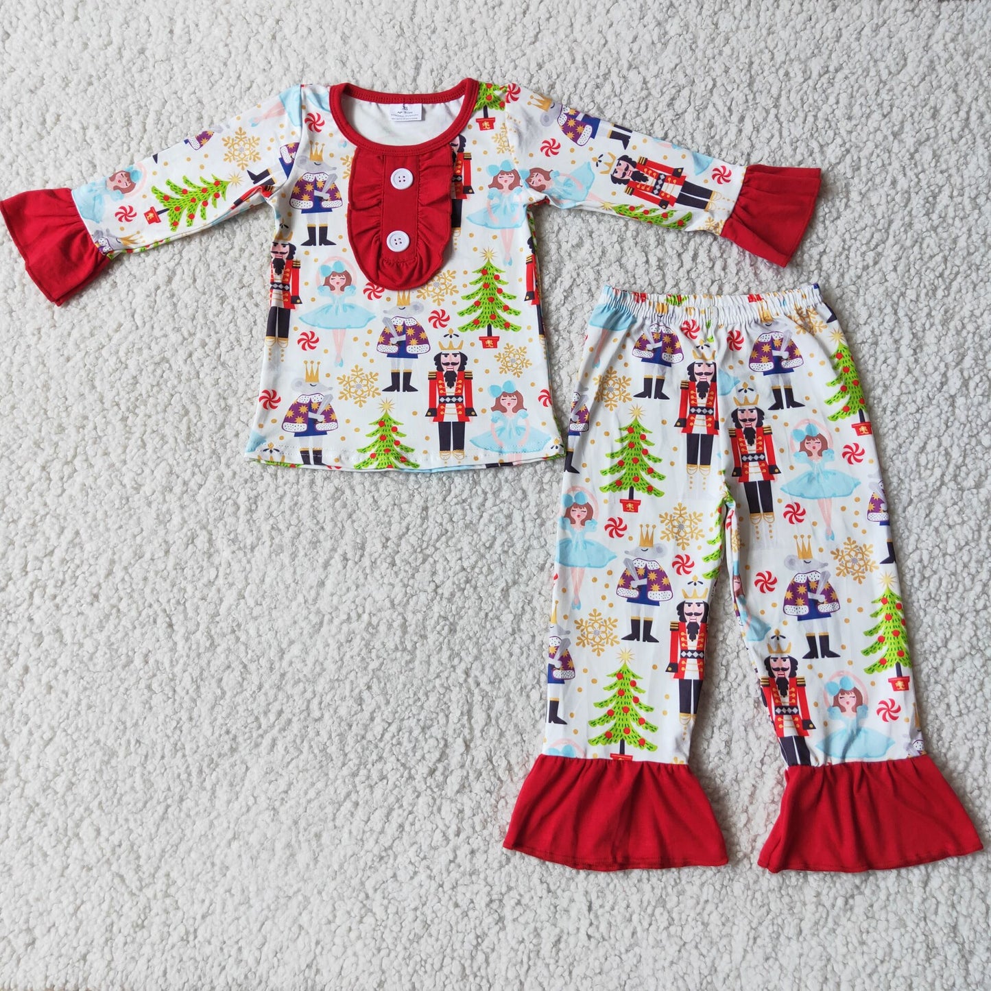 6 C7-5 girl christmas tree long sleeve pajamas set with red ruffles