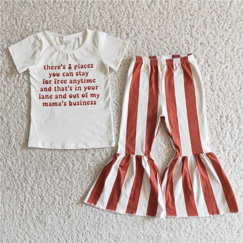 E4-4 Letter Short Sleeve Top Brown Stripe Flared Pants Set