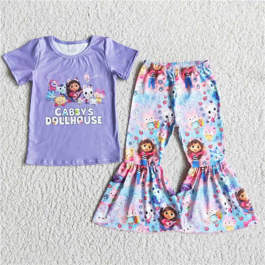 E5-13 Printed Alphabet Cartoon Pattern Purple Cat Short Sleeve Flared Pants Set