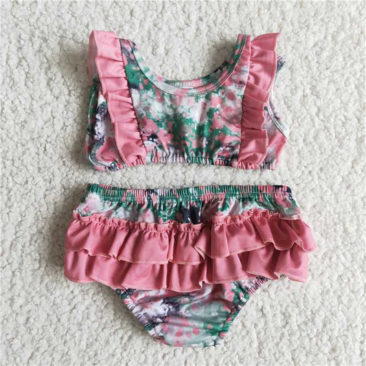 girl pink ruffle elastic top and bummies swimming outfit