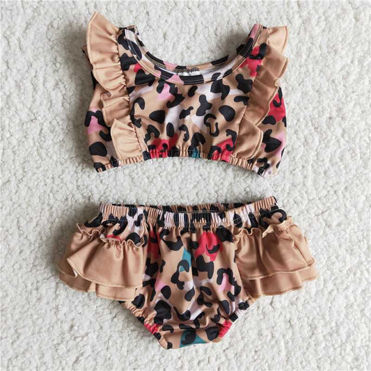 baby girls brown ruffle swimming suit with leopard