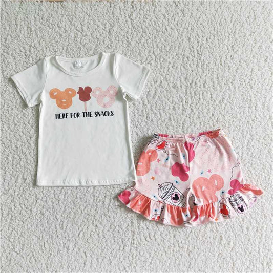 GSSO0049 Girls Printed Letter Bear Head White Short Sleeve Shorts Set