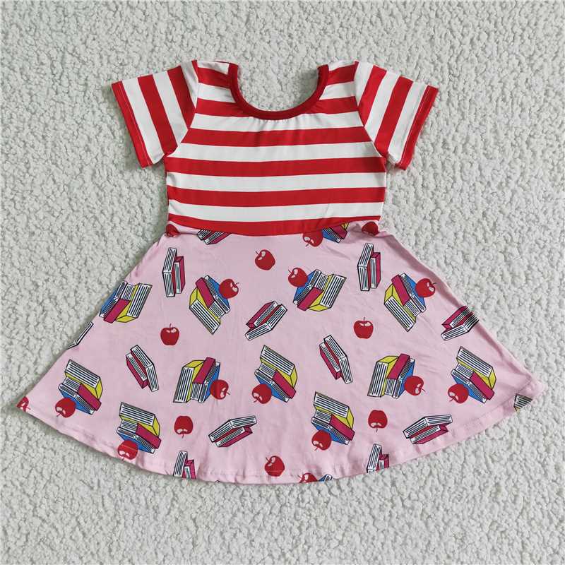 GSD0088 Girls Book Apple Red Stripe Short Sleeve Dress