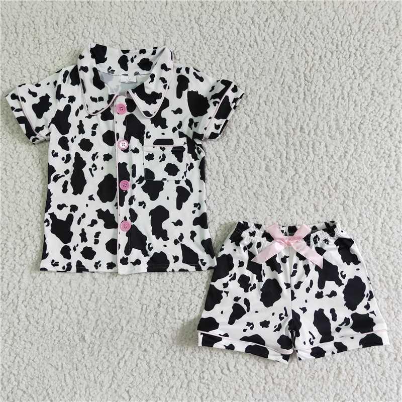 GSSO0113 Summer  Girls Cow Print Button Short Sleeve Lace Up Shorts Set