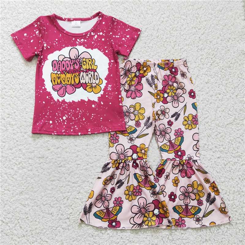 GSPO0414Girl letter butterfly flower rose red short-sleeved trousers suit