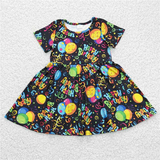 GSD0182 RTS Baby Girls Short Sleeve Birthday Party Fashion Short Sleeve Twirl Design Milk Silk Black Color One Piece Boutique Dresses