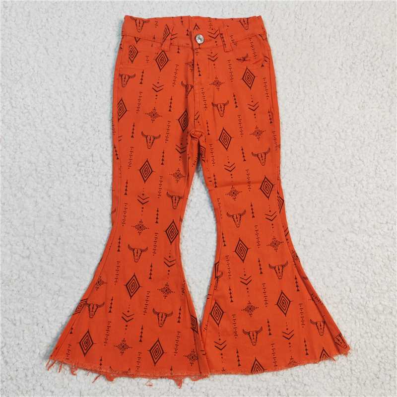 P0045 Bull Head Geometric Orange Denim Trousers