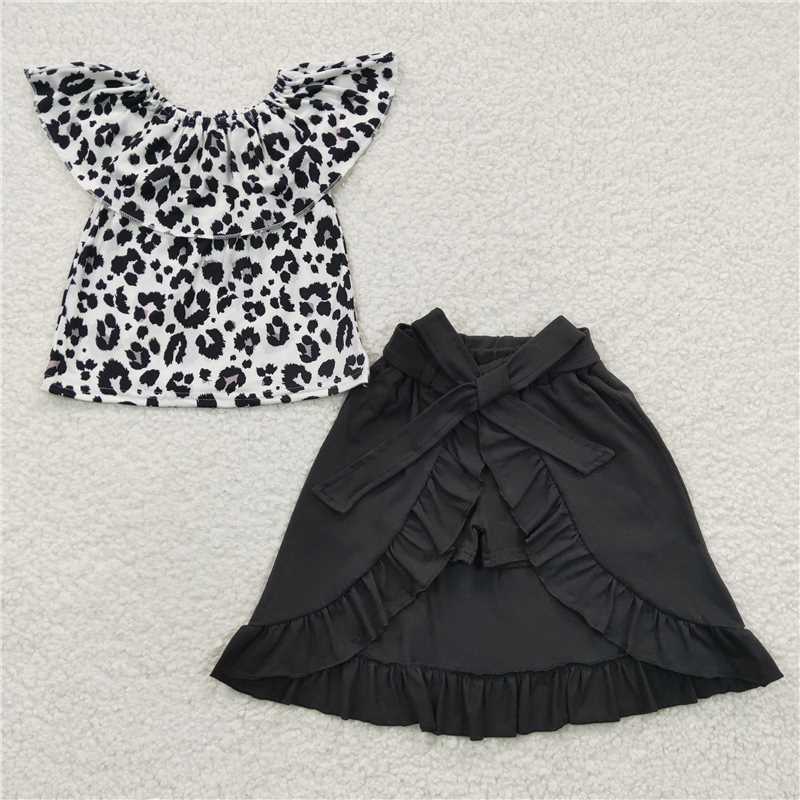 GSSO0183 Girls black and white leopard print one-shoulder culottes suit