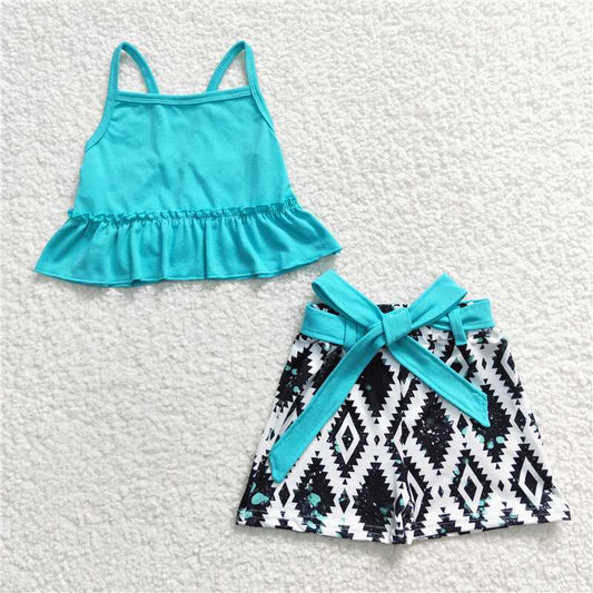 GSSO0201 Girls Blue Suspenders Geometric Pattern Shorts Set