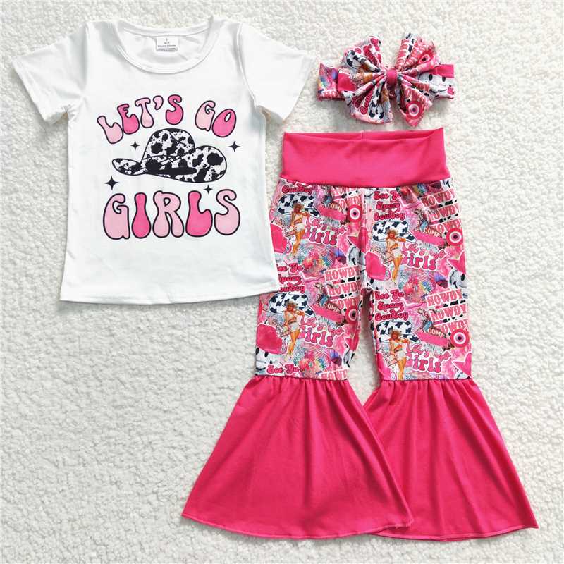 GSPO0511 Girls printed letter hat short-sleeved rose red trouser suit