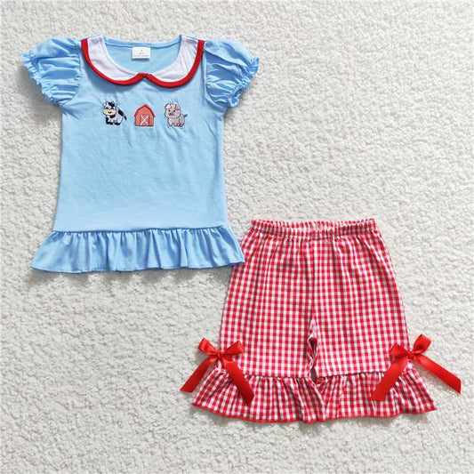 GSSO0200 Girls Embroidered Farm Cow Pig Blue Short Sleeve Shorts Set