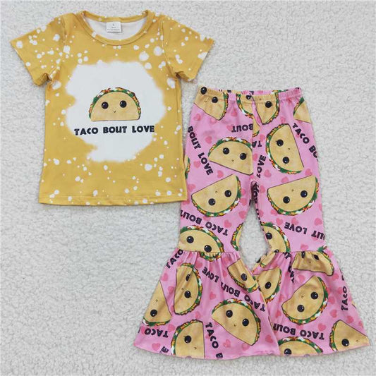 GSPO0347 Girls Printed Alphabet Taco Yellow Short Sleeve Pants Set