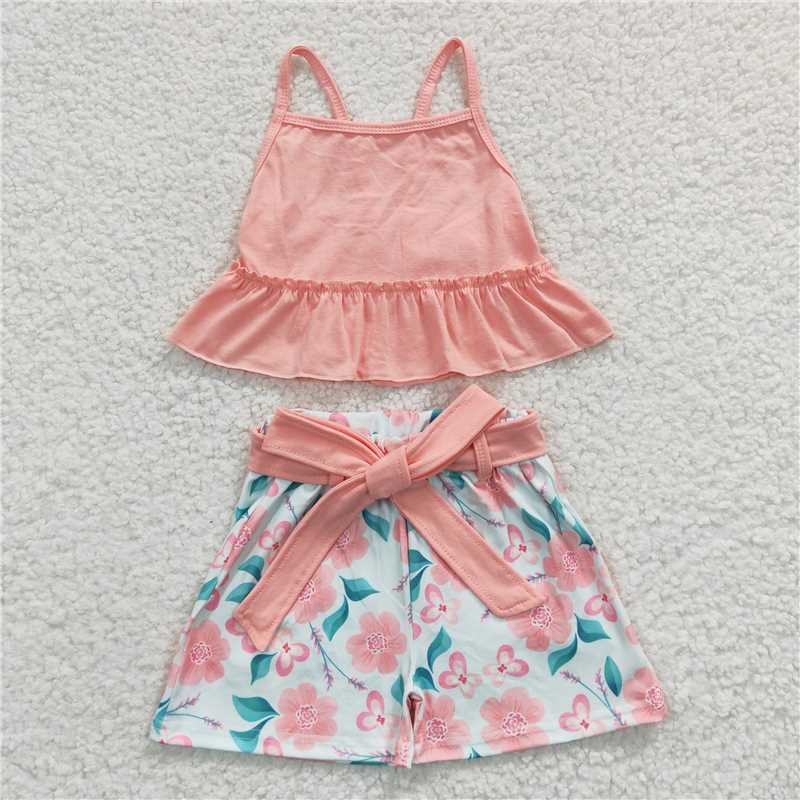 GSSO0196 Girls Pink Flowers Suspenders Set