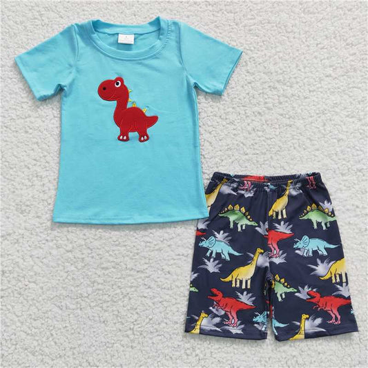 BSSO0184 Boys Embroidered Colorful Dinosaur Blue Short Sleeve Shorts Set