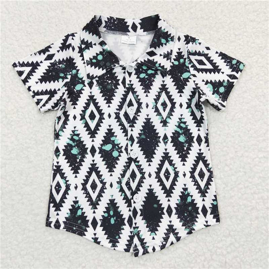 BT0212 Boys Black and White Geometric Pattern Short Sleeve Top