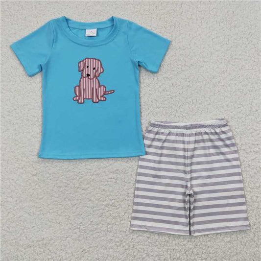 BSSO0214  Boys Embroidered Puppy Blue Short Sleeve Striped Shorts Set