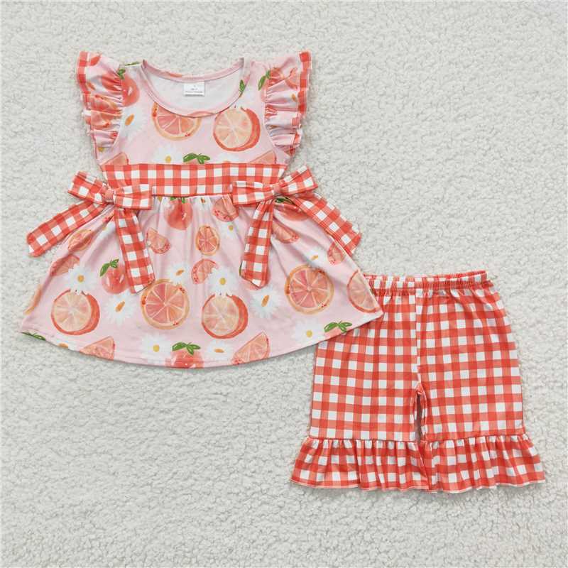 GSSO0239  Fruit Orange Bow Fly-Sleeve Shorts Set