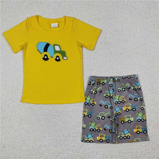 BSSO0186  Boys Embroidered Color Engineering Vehicle Yellow Short Sleeve Shorts Set