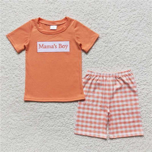 BSSO0228 Boys Embroidered mamas boy orange short-sleeved shorts set set