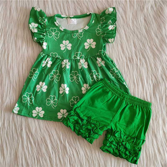 girl fultter sleeve tunic top and green icing ruffle shorts suit kids luck leaf outfit