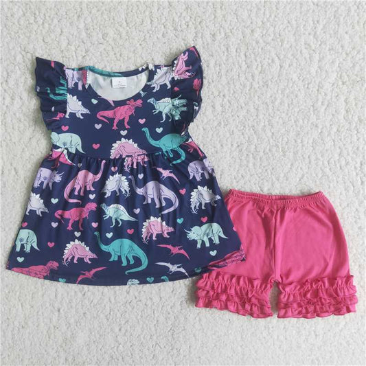 A13-16 Dinosaur small flying sleeve top lace shorts