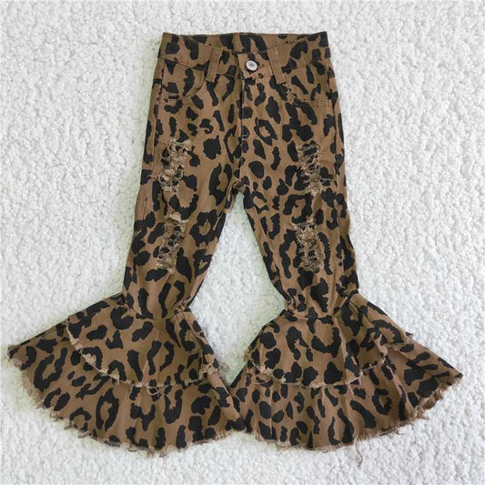 girl leopard holes double ruffles jeans