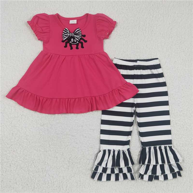 C2-8-1  Bowknot Embroidered rose red puff sleeve striped trousers