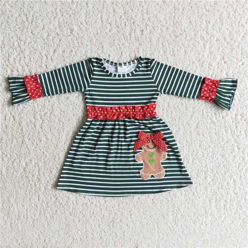 6 B13-20 christmas girl long sleeve stripe frock with gingerbread embroidery