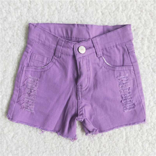 girl solid color roles denim shorts with button