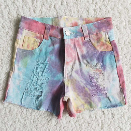 hot sale girl tie-dye denim shorts with zipper